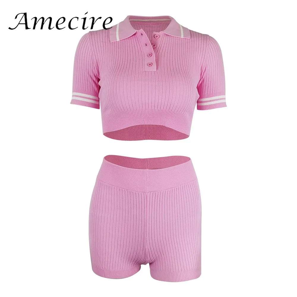 

Amecire Women New Casual Home Lounge Wear 2 Piece Matching Suit Sexy Short Sleeve Crop Tops And Short Outfits Ribbed Knitted Set