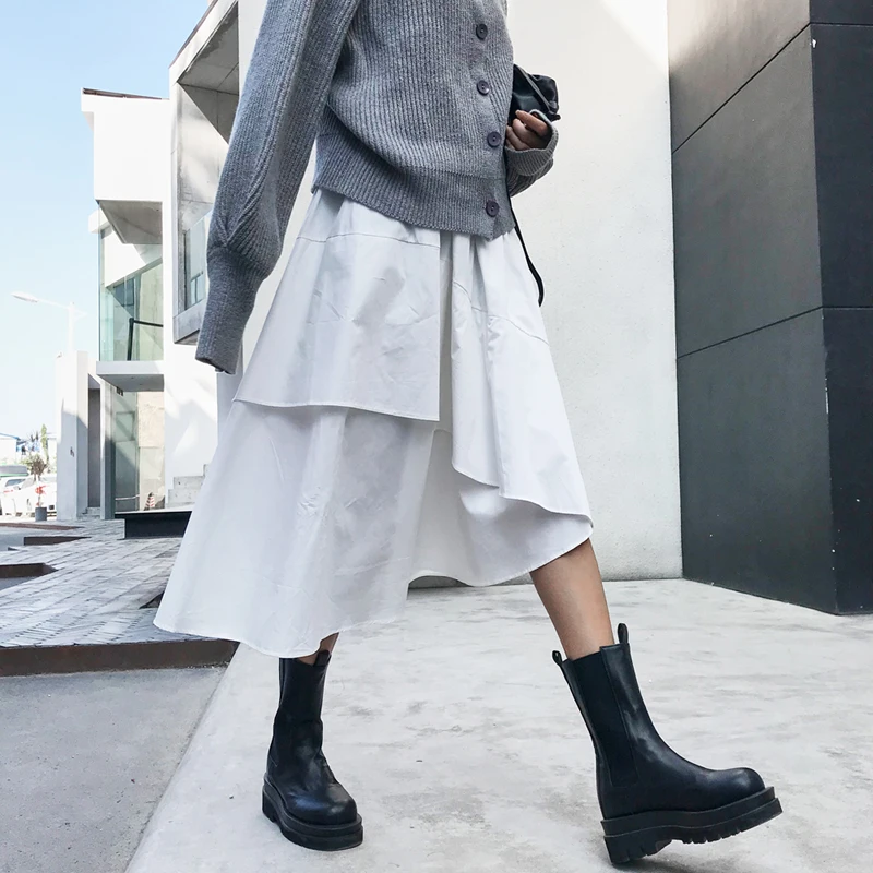 

Женская ассиметричная Двухслойная юбка средней длины, однотонная белая Повседневная Свободная юбка с высокой талией и оборками, 2021