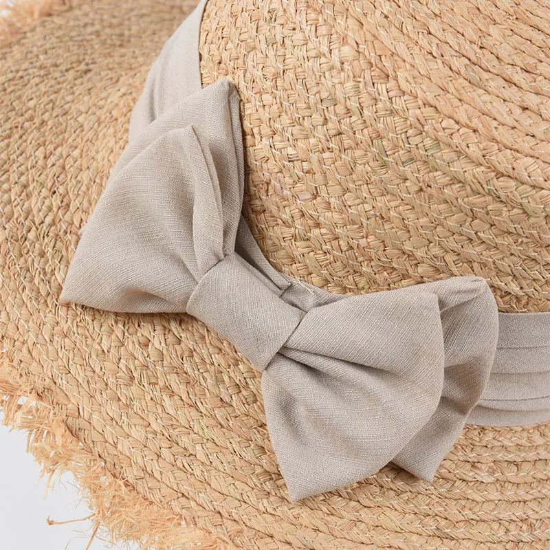 

Wholesale Female Fashion Double Bow Beach Hat Raffia Sun Hats For Women Summer Flat UV Hats Dress Up Tea Party Caps Holiday