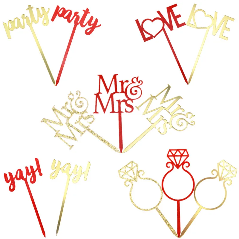 1pc Diamond Ring Bowtie Love Heart Cake Flag Topper Gold Red Acrylic Flags For Wedding Anniversary Party Baking Decor - купить по