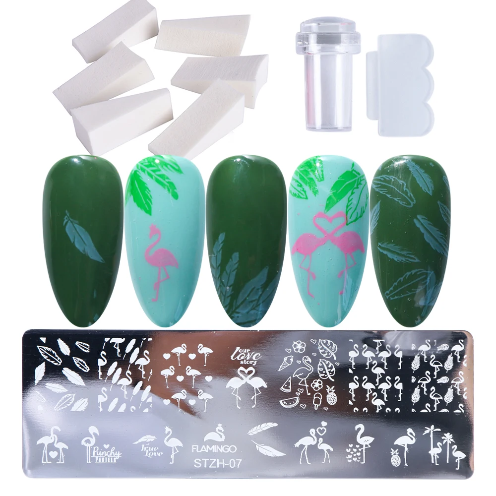 STZH-07 Set 1 Набор для штамповки ногтей пластины кружева животные цветок DIY Дизайн ногтей шаблоны с штампом скребок губка Маникюрный Инструмент SASTZH01-12-2 - Цвет: STZH-07 Set