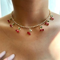 bynouck new luxury red cherry crystal tennis chain womens necklace charm cute pendant necklaces women rhinestone jewelry gift