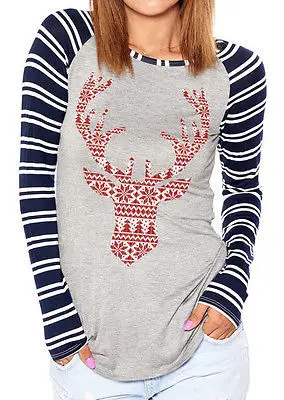 

Women Christmas Elk Long Sleeve Geometric Printed Tops Shirt Blouse Shirt Gift