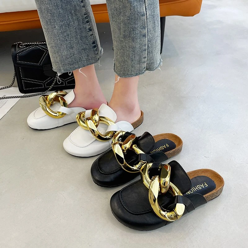 

Rimocy Fashion Metal Chain Mules Slippers Women Pu Leather Round Toe Platform Slides Woman 2021 Bare Heel Summer Ladies Shoes