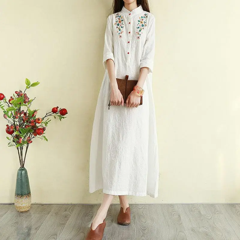 

RETRO art wash cotton solid color dress long over the knee embroidery long skirt casual wide Songsen women's Department