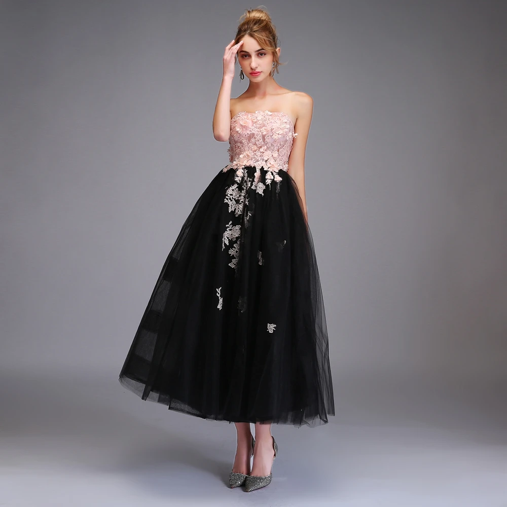 

SSYFashion Clearance Sweet Pink with Black Evening Dress Strapless Sleeveless Lace Appliques Tea-length Party Gown Formal Dress