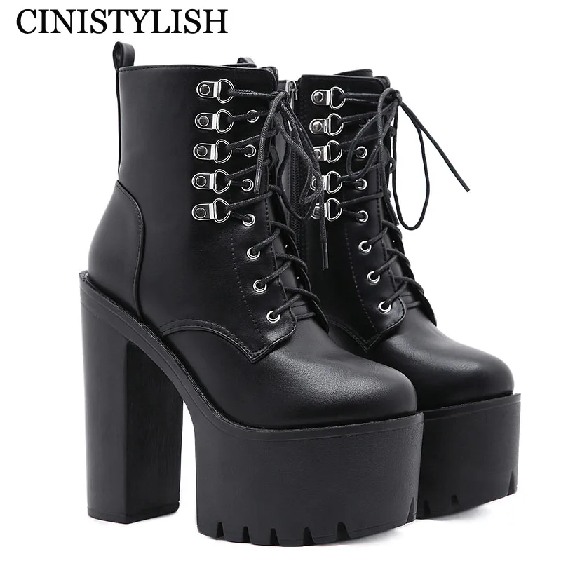 

Boots Women Heel Woman Shoes On Platform Ladies Ankle Chunky High Heels Sexy Chain Punk Style Patent Leather For Black Gothic