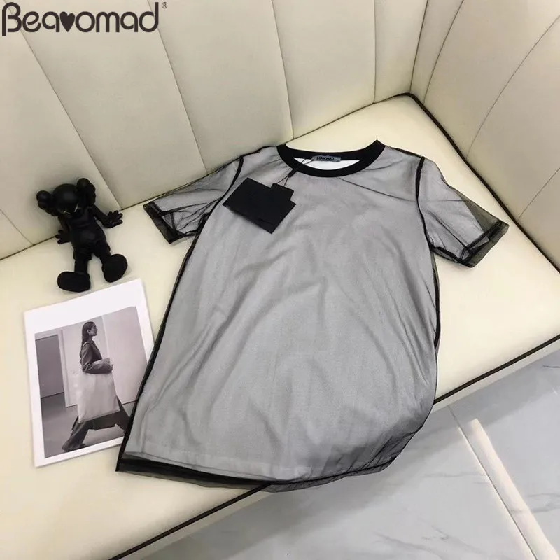 

Bearomad Brand Woman Summer Casual Grey T-Shirt Tops O-Neck Solid Net Yarn Hollow Out Straight Type Loose All-Match Tops