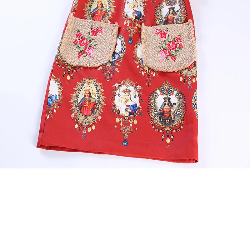 

2021 spring summer women red holiday dress Courtly style Virgin Mary angel printed dresses with beading embroidery dress pearls