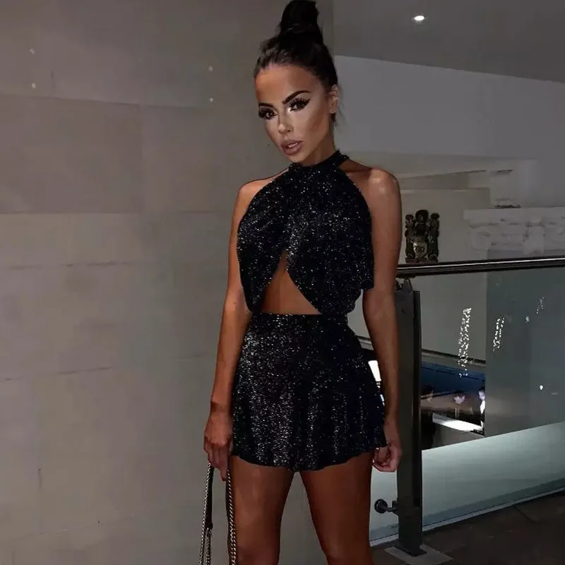 Sexy Women 2pcs Halter Vest Black Skirts Female Sequin Shiny Glitter Bodycon Backless Clothes Sets S-XL |
