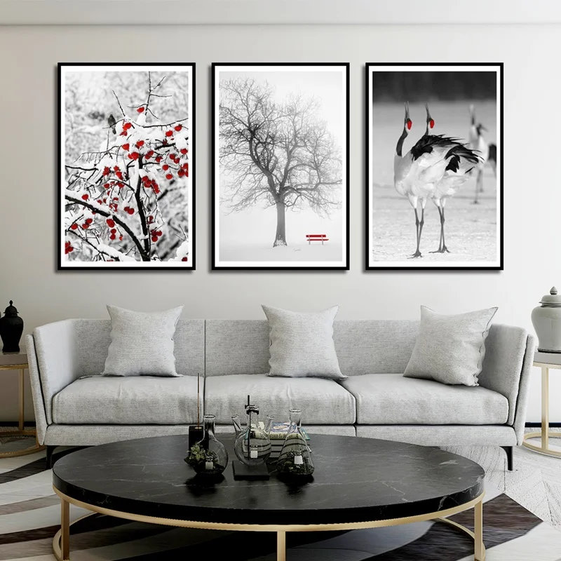

Winter Snow Scene Canvas Painting Tree Red-crowned Crane Hanging Wall Art Home Decor Poster For Living Room Bedroom Decoration