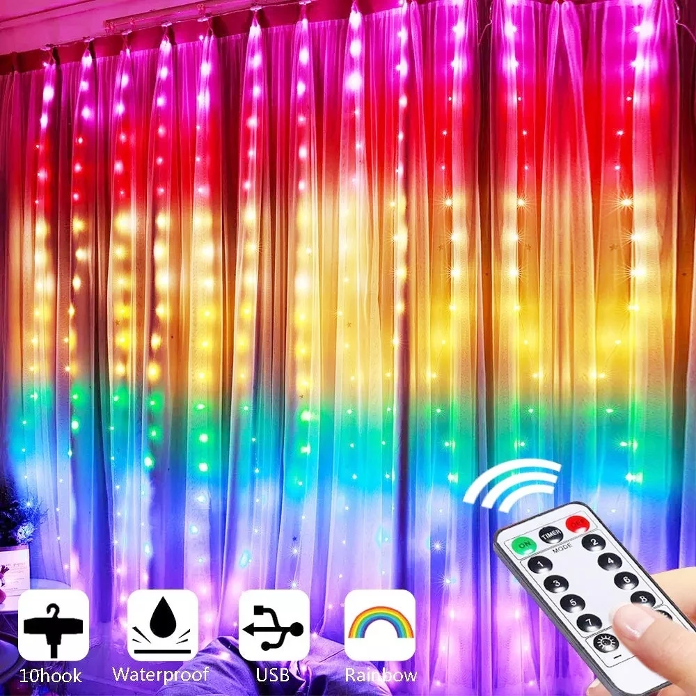 

2022 New Year Festoon Christmas Garland Curtain 1.5X2M Rainbow String Light Fairy Icicle Curtain Light for Home Lights Xmas Gift