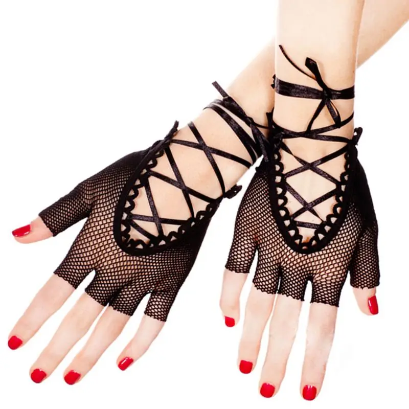 

Womens Wrist Length Punk Sexy Half Finger Gloves Solid Color Hollow Out Fishnet Criss Cross Lace Up Bandage Mitten Dancing Party