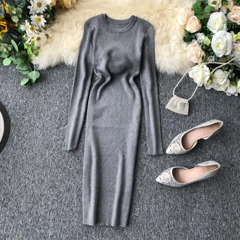 2019 женское осеннее зимнее Повседневное платье свитер облегающее однотонное