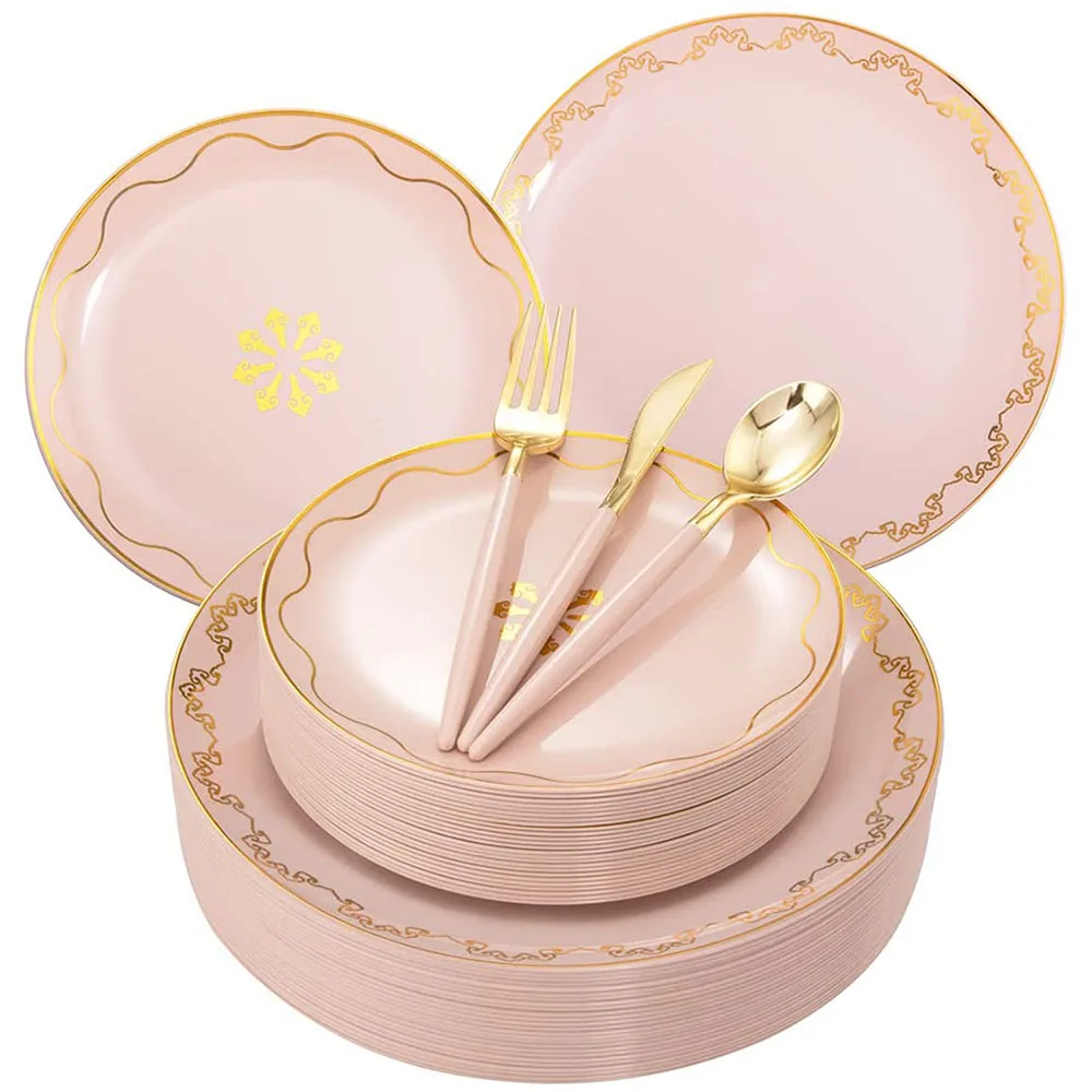 Набор одноразовой посуды из 50 предметов розовая пластиковая тарелка Золотая