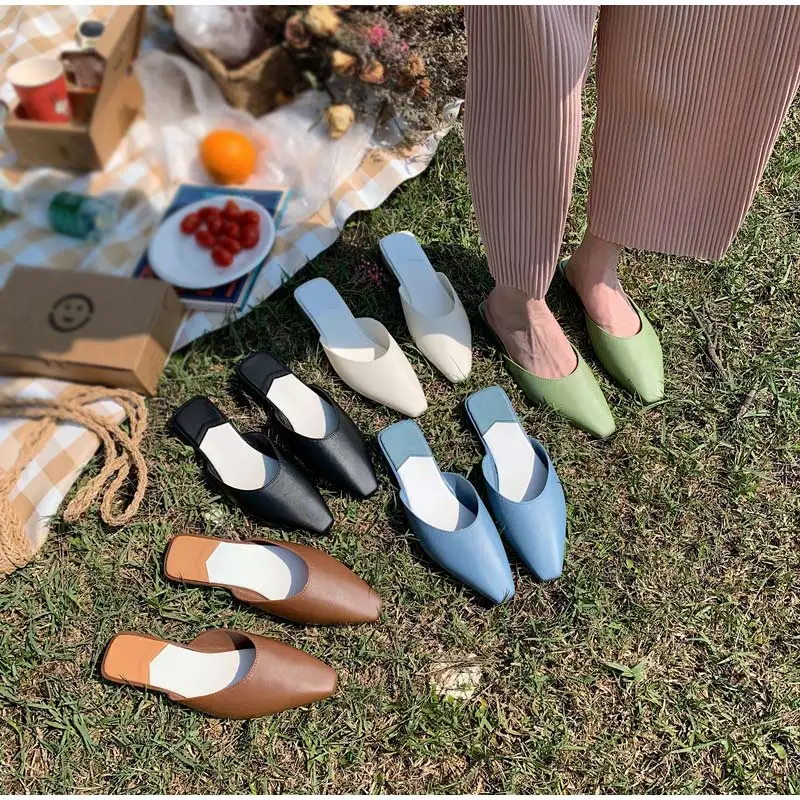 Мюли женские кожаные шлепанцы на плоской подошве без застежки повседневная