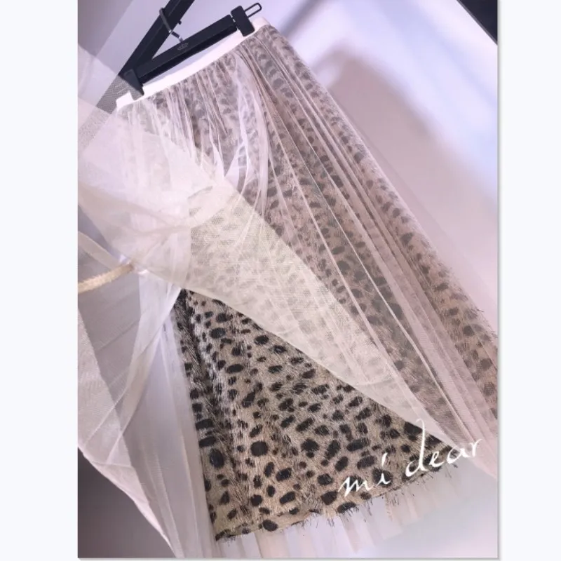 Женская плиссированная юбка с леопардовым принтом длинная сетчатая высокой