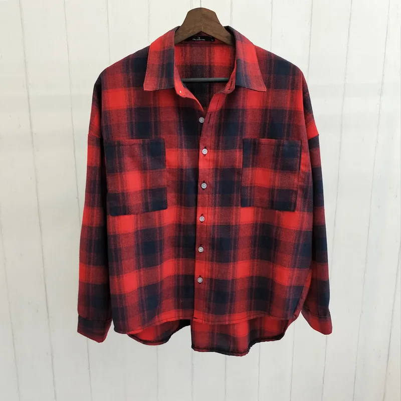 

Shirts Women Lazy Elegant Loose Long Style Leisure Straight Plaid Womens Shirt Single-breasted Pockets Full Sleeve Ladies Chic