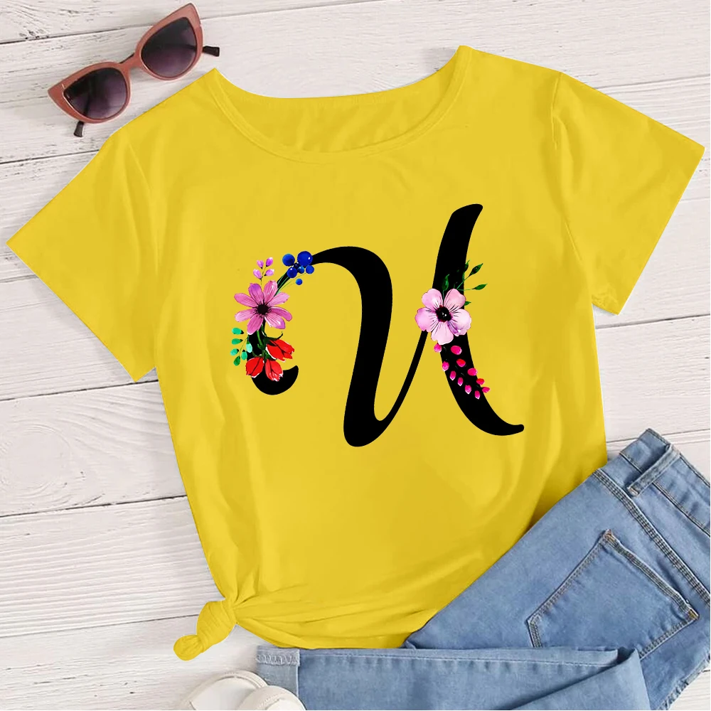 

USA Personalise Letter Flowers Tshirt Women Short Sleeve Tops Emo Clothing Vogue Design Tee shirt Summer American Apparel