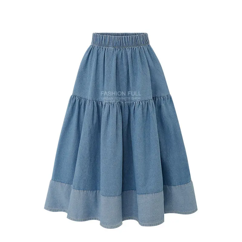 

2021 Fashion Korean Summer Women Elastic High Waist Casual Patchwork Jeans Skirts Long Female Pleated Denim Skirt Big Swing Z220