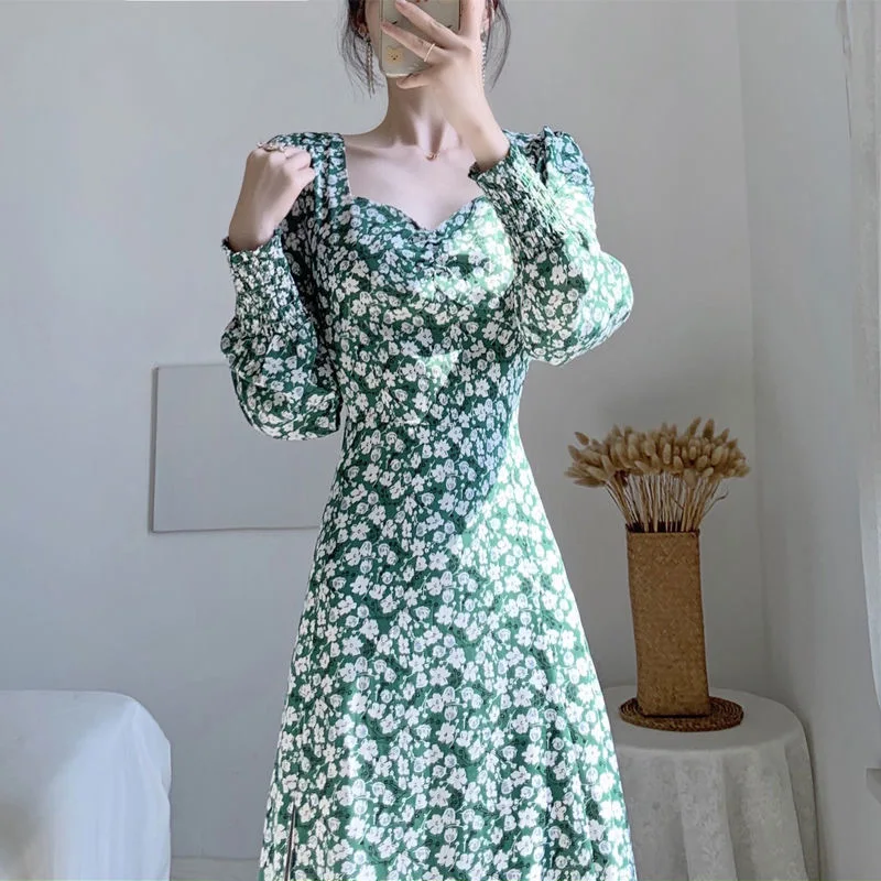 

Осень 2021, новый стиль, пузырьковый рукав, квадратный вырез, закрывающее талию, темпераментное тонкое сексуальное зеленое Цветочное платье с...