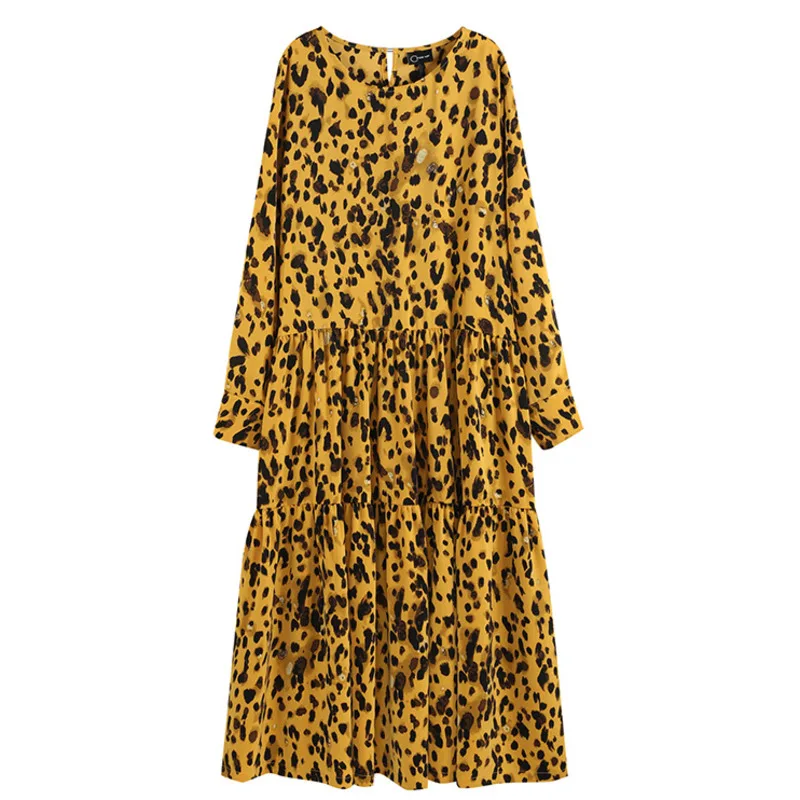 

IEQJ Korea Casual Fashion New V-neck Robe Leopard Chiffon Loose Wild Long-sleeved Yellow Midi Dress Women Summer 2021 3C0007