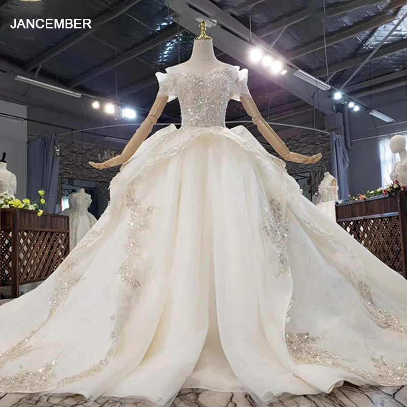 

HTL1626 Large Pieces Of Silvery White Sequins Wedding Dress 2020 Big Train Sweetheart Ball Gown Short Sleeve suknie ślubne boho
