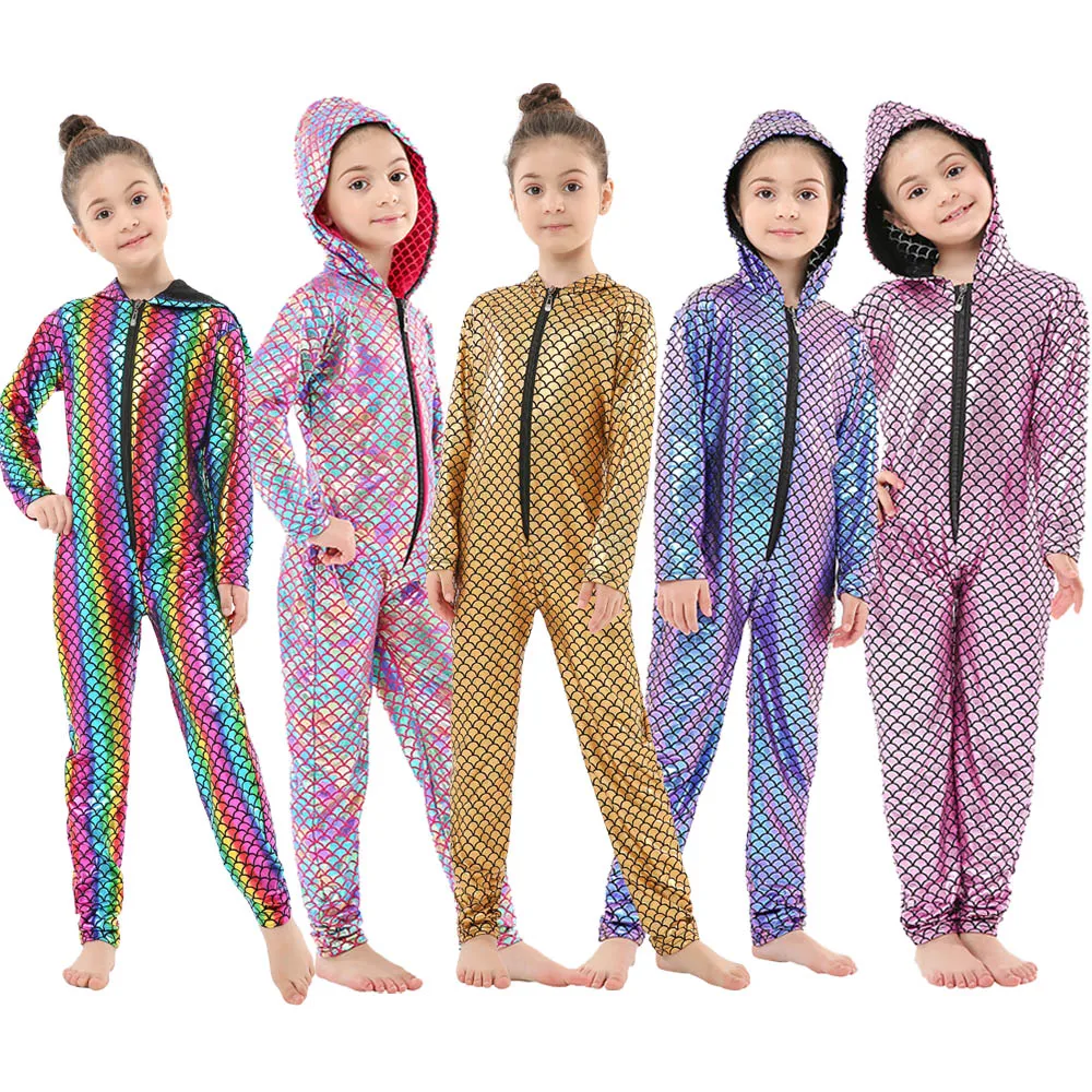 Цельный комбинезон русалки с капюшоном и блестками для маленьких девочек Костюм