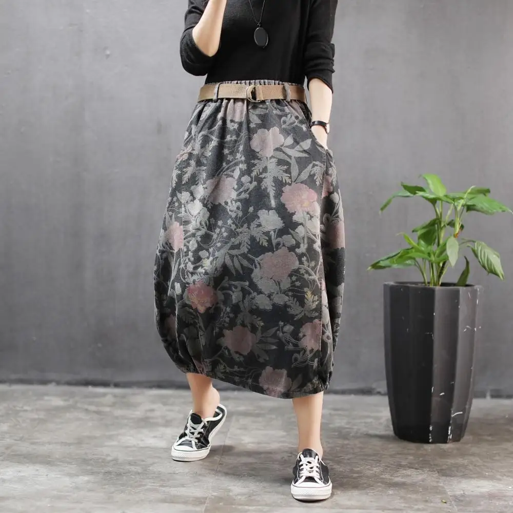 2020 джинсовая юбка литературная Ретро Печать пояс эластичный деним стрейч талии