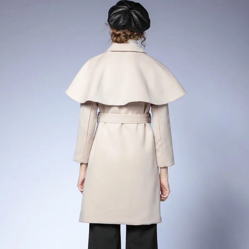 

2020 autumn and winter new woolen coat retro shawl cloak coat lace up slim mid-length thick cashmere trench coat