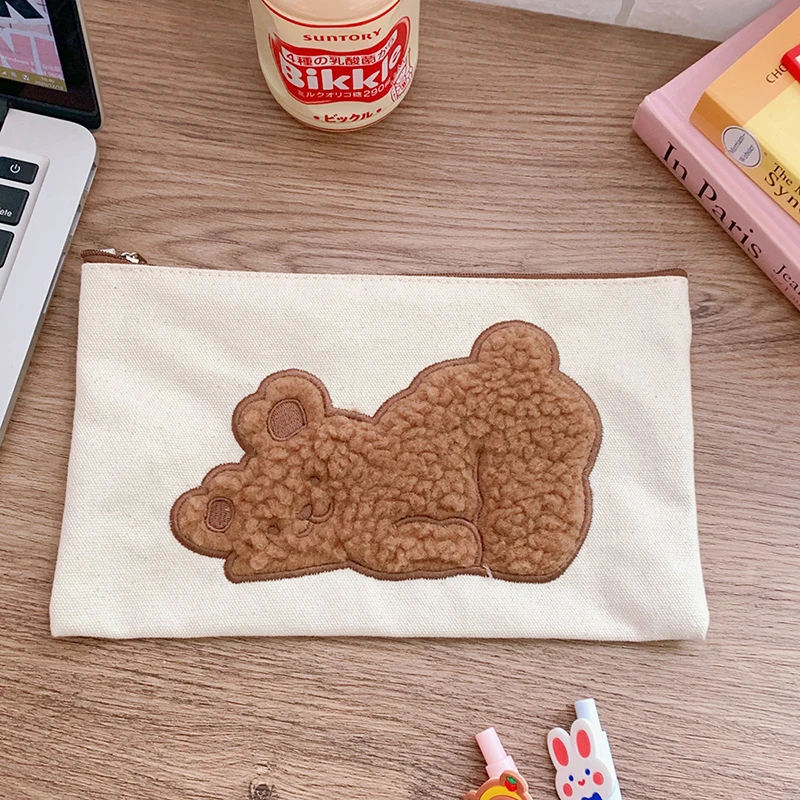 

Kawaii Bear Cartoon Pencil Bag Ins Canvas Pencil Cases Plush Storage Bag Stationery Cosmetics Student Girl School Supplies