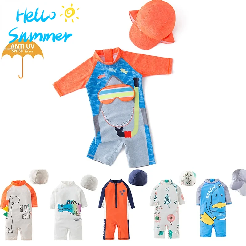 

Bathing Suit Kids Shark Dinosaur Print Boy Swimsuit 2 Pieces with Hat UV Protection 2021 Summer New Children's Swimwear for Boys