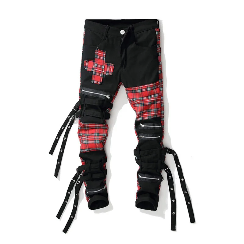 

Hip Hop Men Plaid Scottish Jeans Pants Multi Zipper Ribbons Streetwear Denim Trousers For Male Patchwork