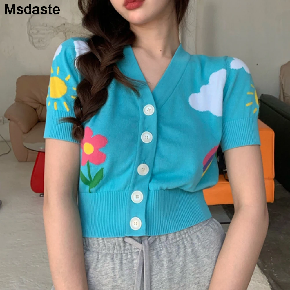 Женский вязаный кардиган с цветочным принтом свитер коротким рукавом и