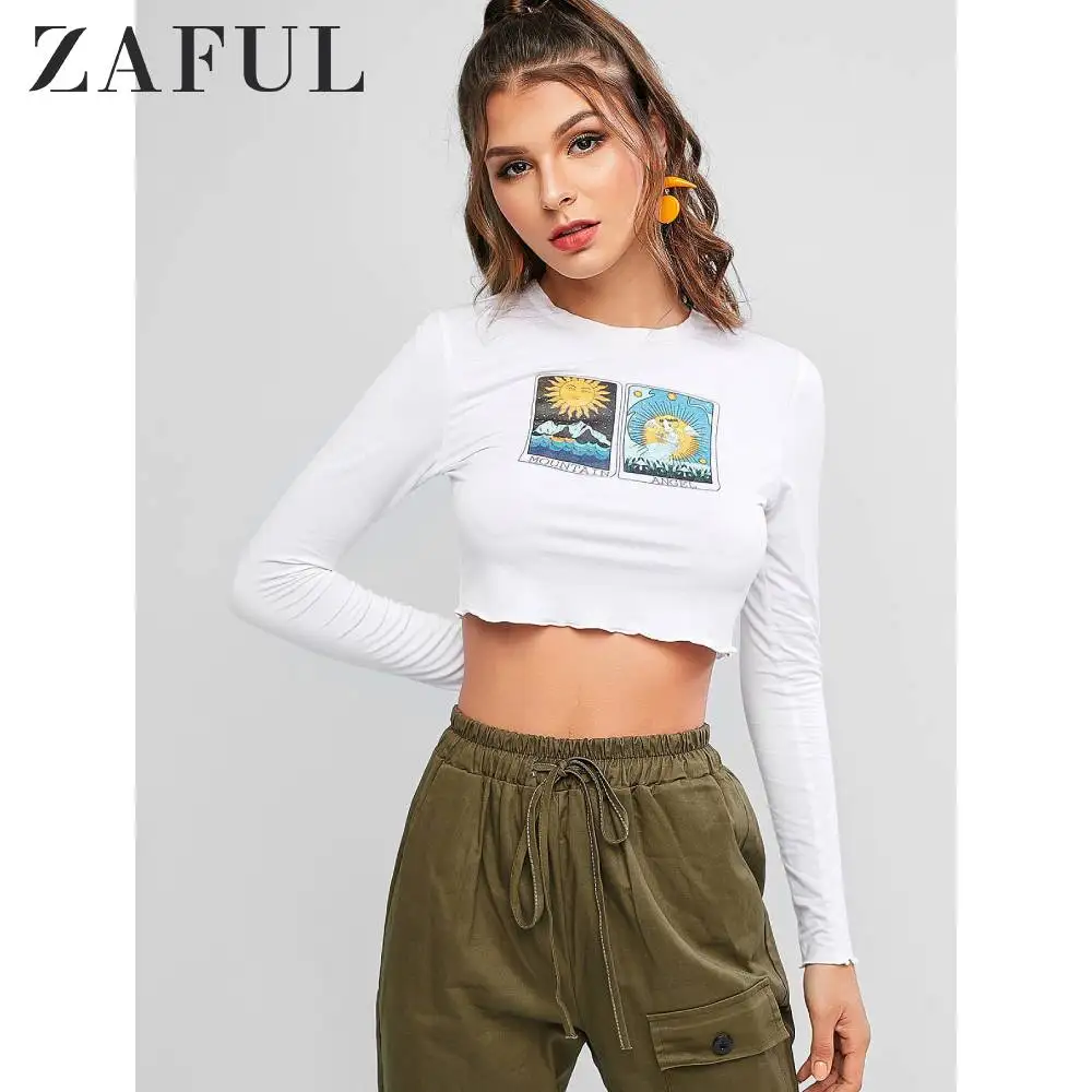 Женская укороченная футболка с длинным рукавом ZAFUL Tarot круглым вырезом и принтом