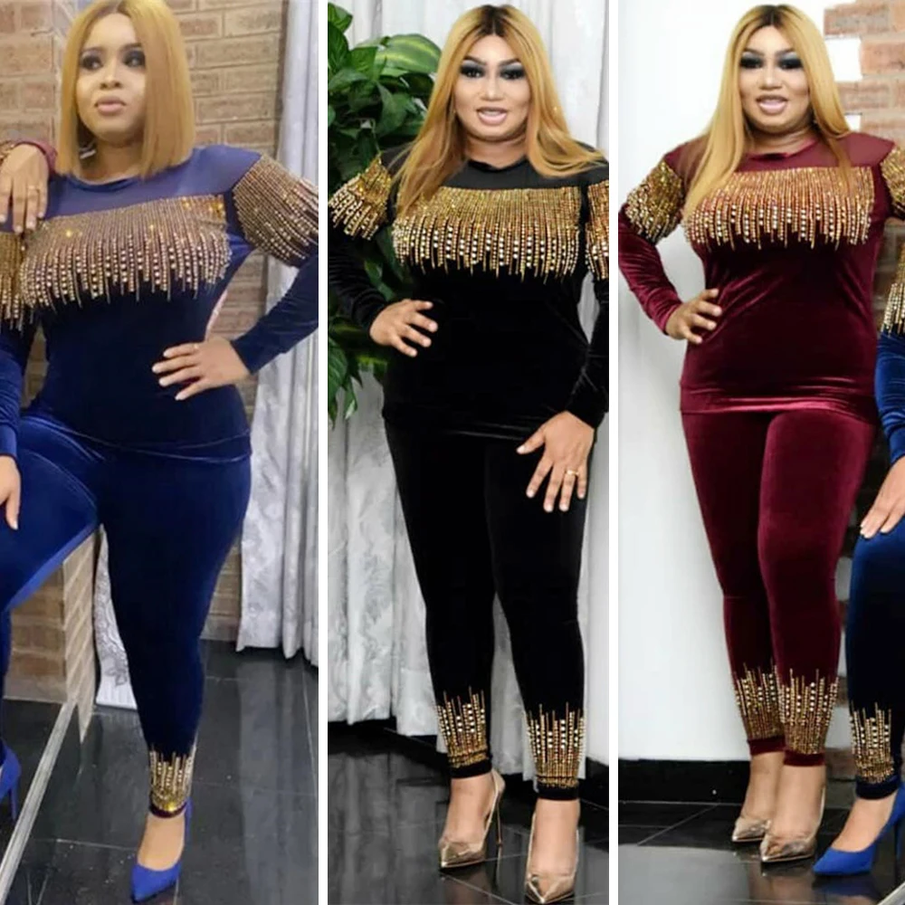 

African Women Mom Fashion Suit Gold Velvet Stretch Fabric Hot Drilling Decorative Split Round Neck Long Sleeve Africa Outfits