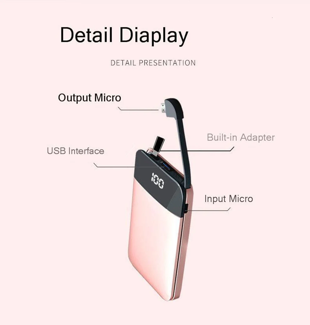 Vogek 6000 мАч Внешний аккумулятор для iPhone samsung, внешний аккумулятор, ультратонкий Встроенный кабель 3 в 1, мини внешний аккумулятор, светодиодный дисплей