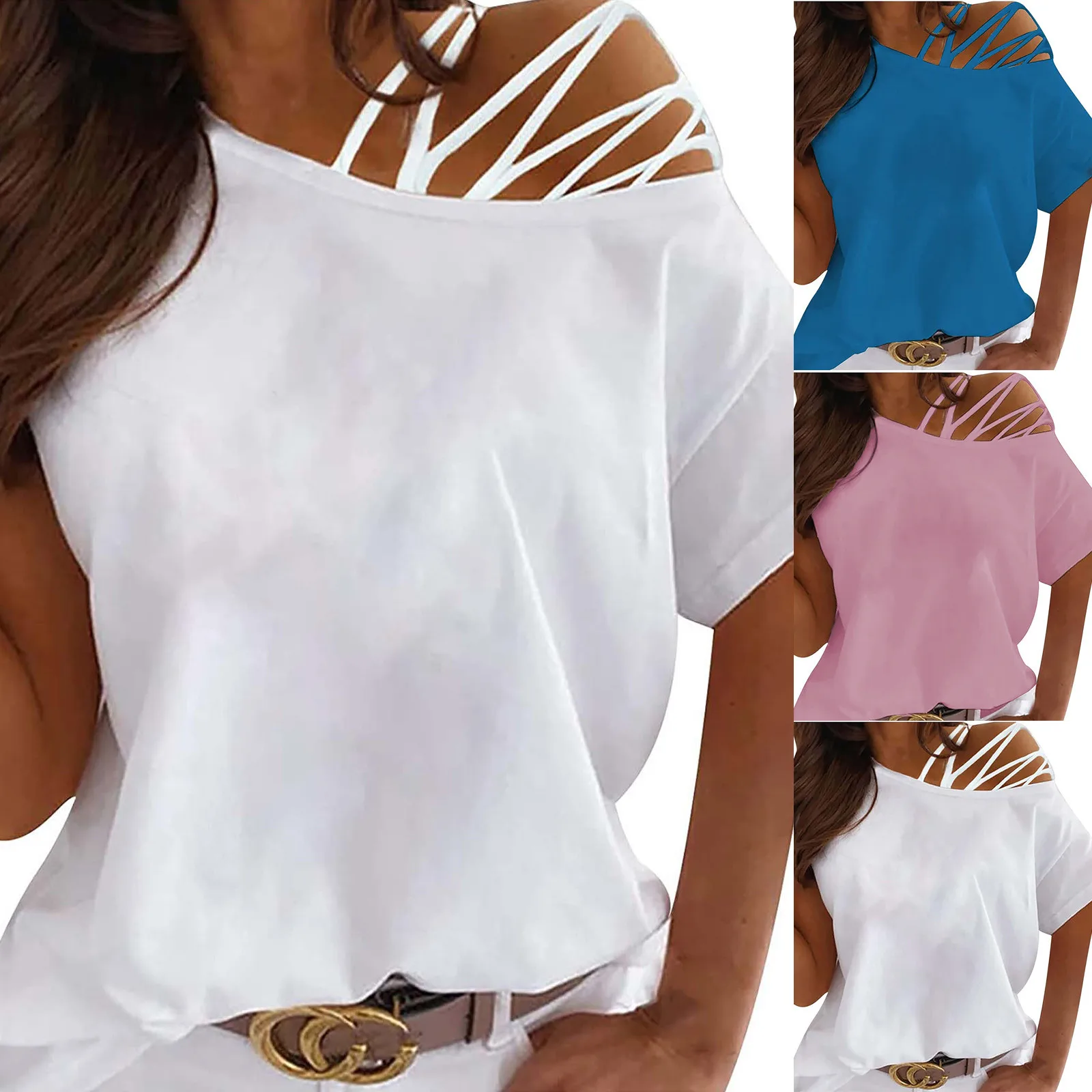 Женская Однотонная футболка с вырезом на одно плечо коротким рукавом|Футболки| |