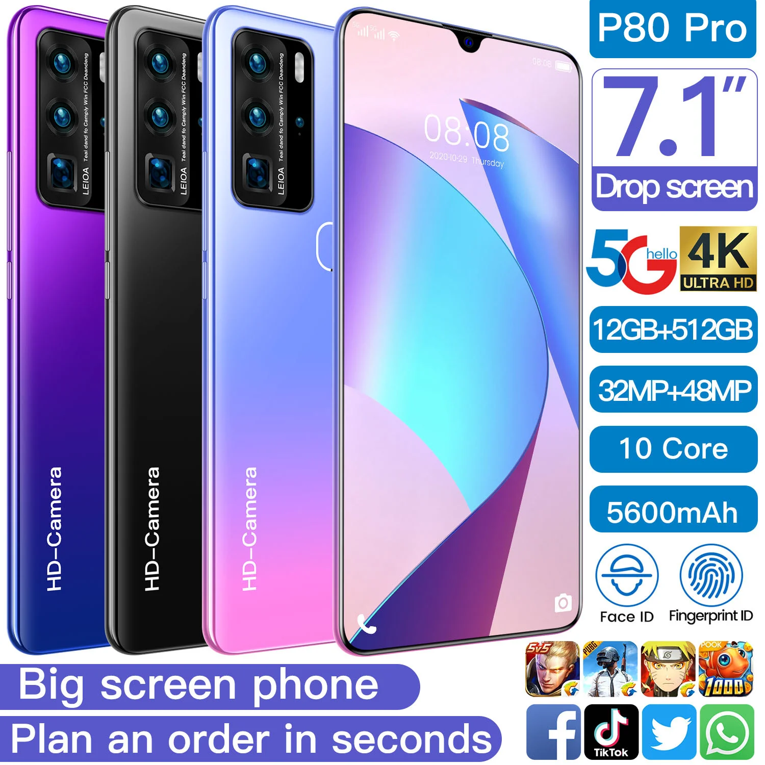 

Newest P80 Pro mobile phone 7.1-inch 4G 5G network 10 Core ROM Android 10.0 Smartphone Global version 12 512GB