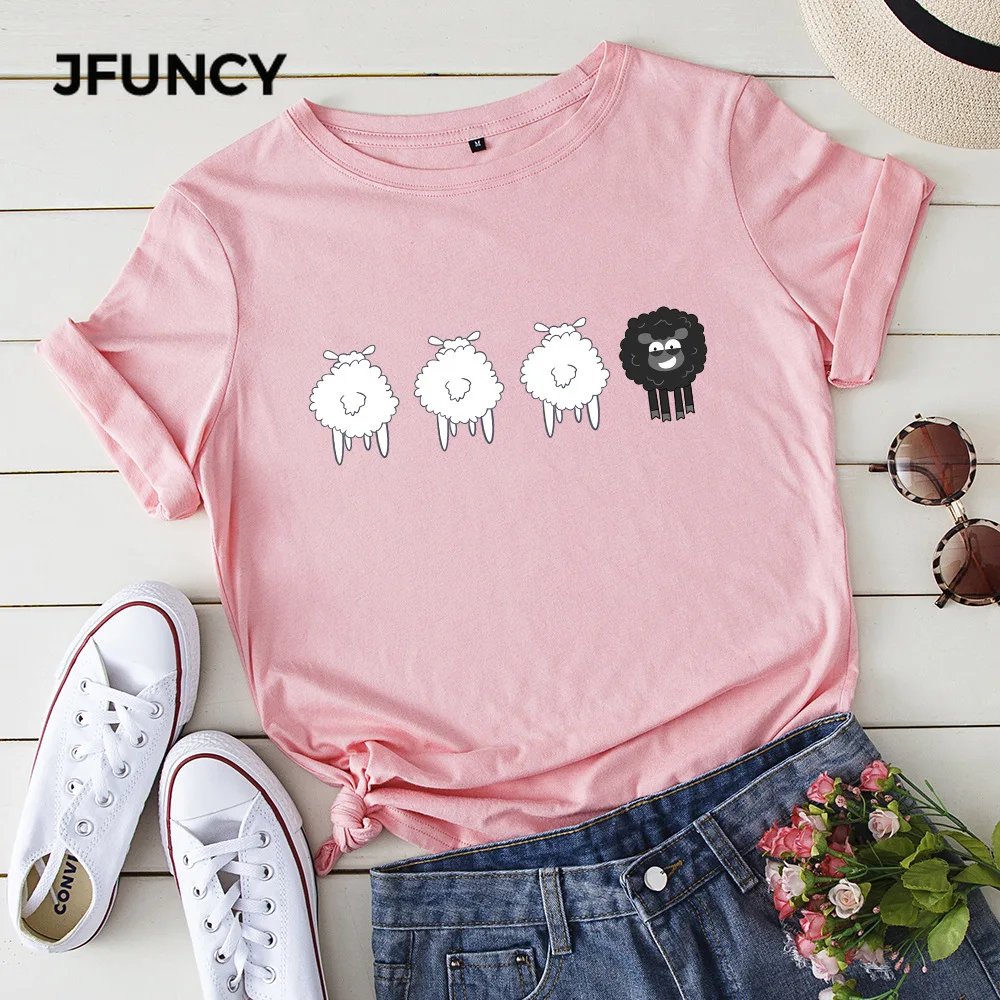 Женская летняя хлопковая Футболка с принтом овец и коротким рукавом|Футболки| |