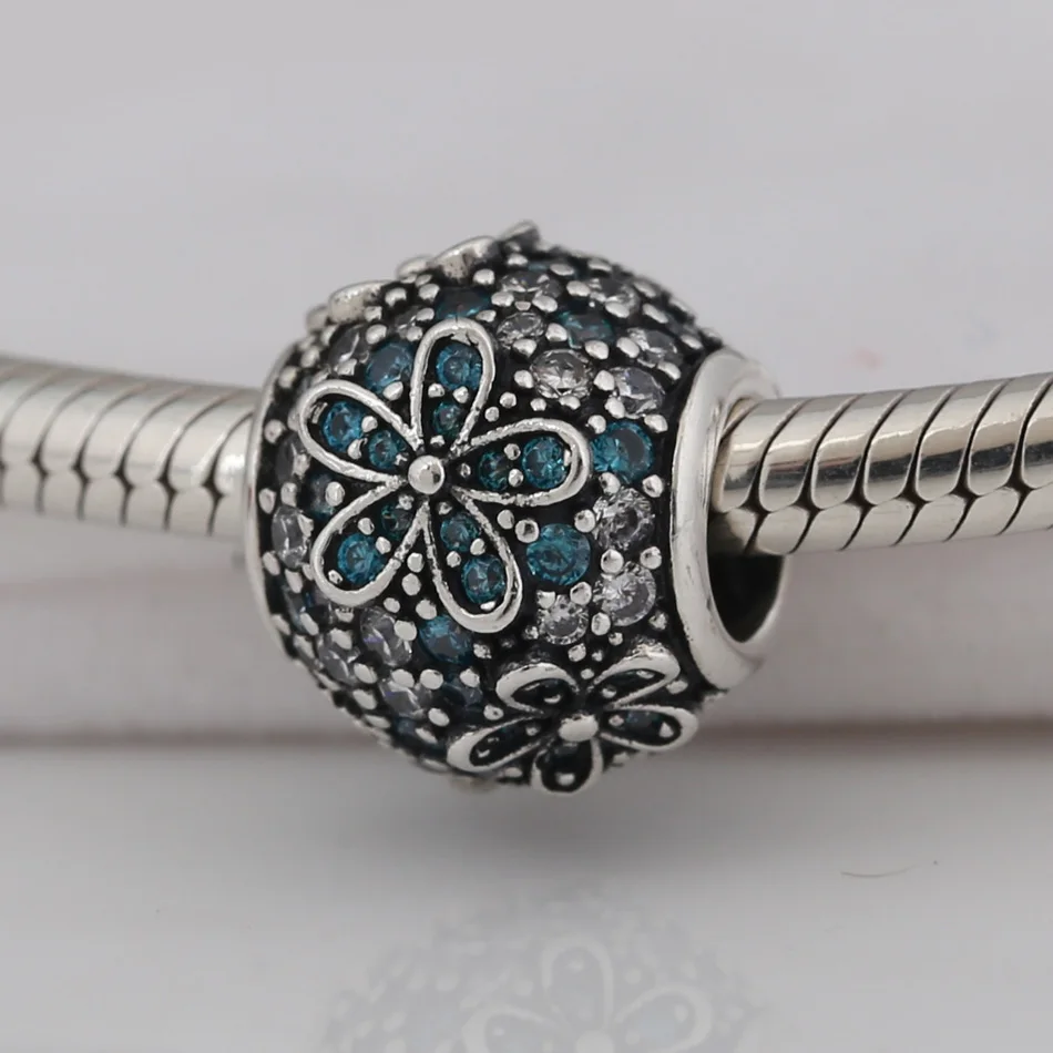 

Authentic S925 Silver Bead Teal Pave Daisy Flower Charm for Women Lady Girl Bracelet Bangle