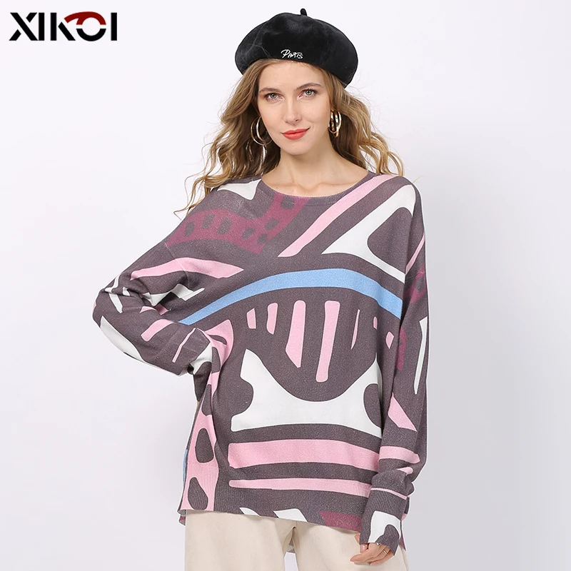 Новинка Свитера XIKOI с ретро-принтом для женщин зимние теплые пуловеры длинным