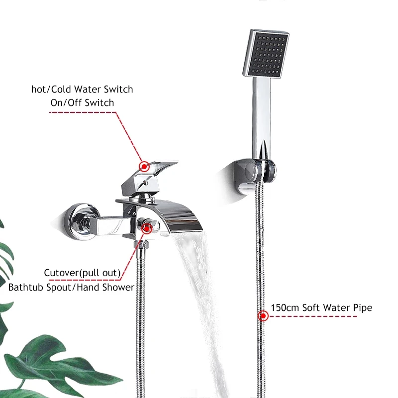 ULGKSD Chrome Plated Bathtub Faucet Set Waterfall Spout Solid Brass Hot Cold Mixer Tap Bath Shower Faucets Wall Mounted | Обустройство