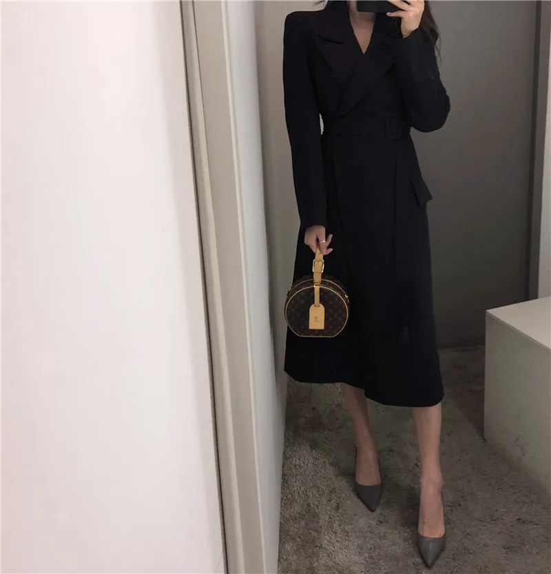 Женское корейское длинное пальто с поясом, длинный рукав, отложной воротник, туника, однотонная верхняя одежда, Элегантное повседневное пальто, женская офисная куртка