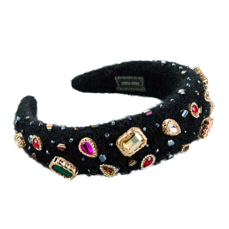 

Baroque Sponge Knit Flannel Headband Shiny Geometric Glass Drill Wide Hair Hoop