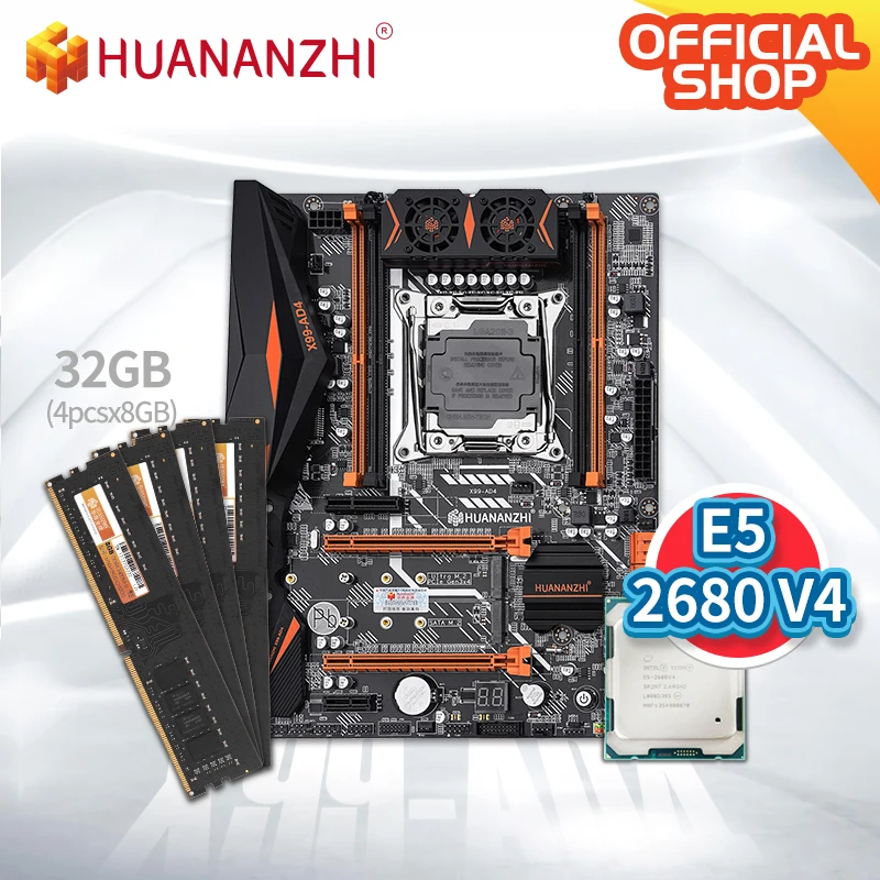 Bestellen HUANANZHI X99 AD4 X99 Motherboard Mit Intel XEON E5 2680 V4 Mit 4*8G DDR4 NON-ECC Speicher Combo Kit Set NVME NGFF SATA USB 3,0