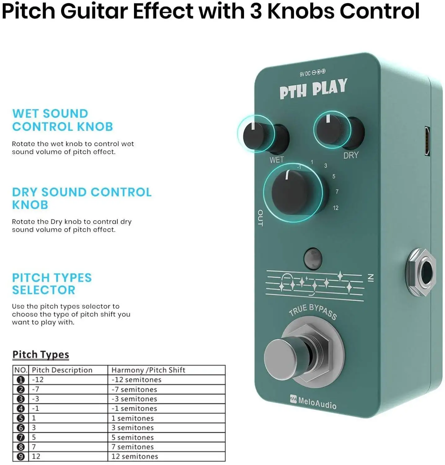 MeloAudio Tone Shifter Digital Pitch Pedal Guitar Effect Pedal with 9 Pitch Types True Bypass enlarge