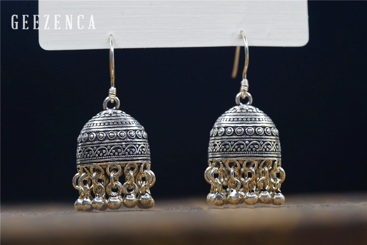 GEEZENCA 925 Sterling Silver Earrings for Women Indian Small Bells Beads Drop Earrings Ethnic Vintage Jewelry Party Gift