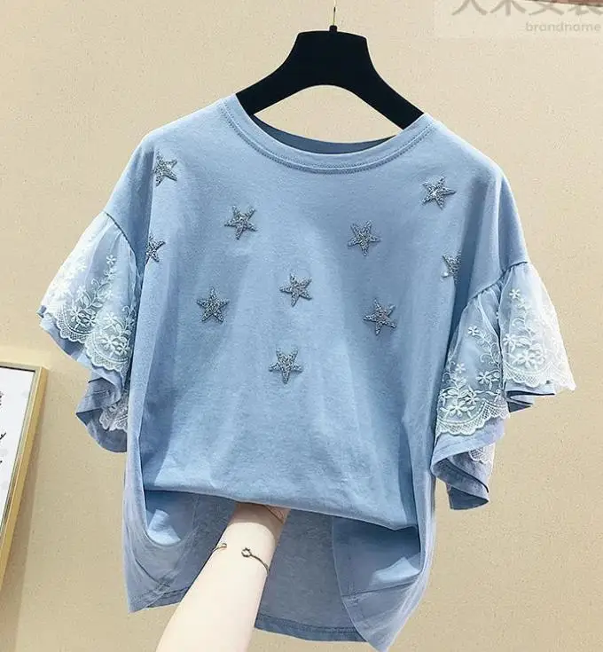 

Lace Ruffle Short Sleeve T-shirt Light Diamond Graphic Tshirt Female Korean Fashion Loose Casual Tops 2021 Summer Women Clothing