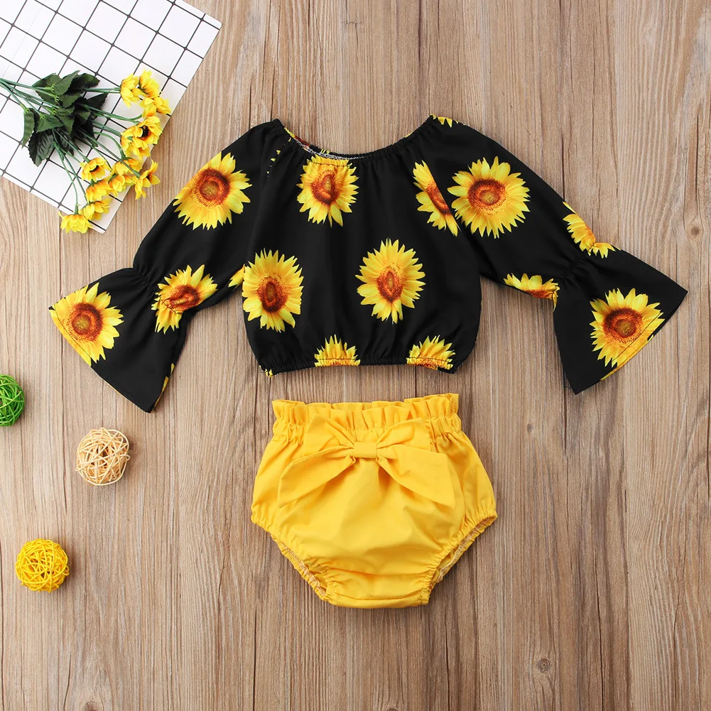 Комплект из 2 предметов для маленьких девочек топы с открытыми плечами и рюшами